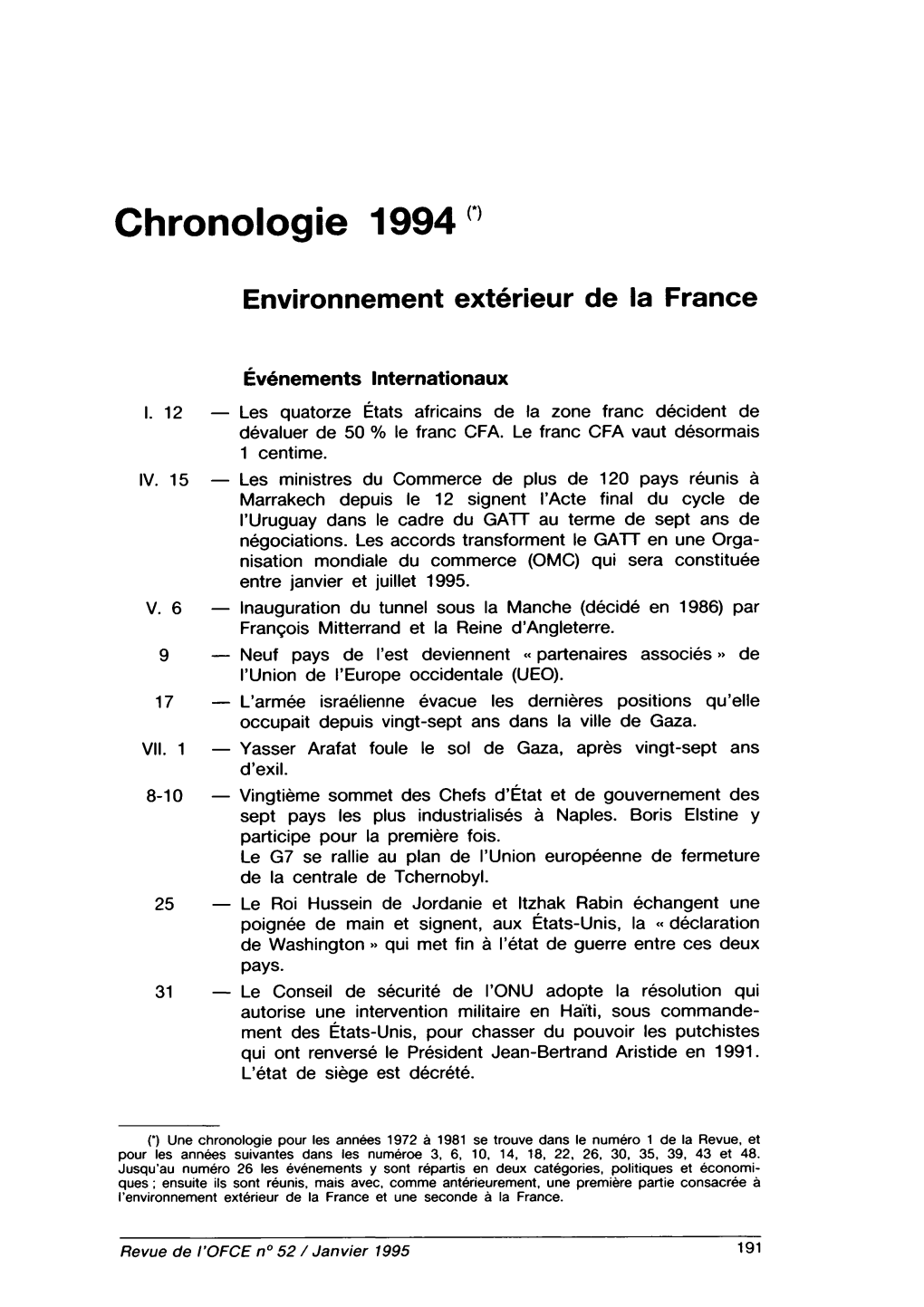 Chronologie 1994 : Environnement Extérieur De La France