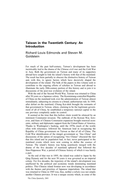 Taiwan in the Twentieth Century: an Introduction Richard Louis