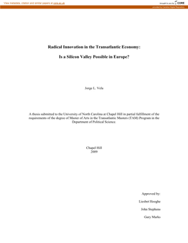 Radical Innovation in the Transatlantic Economy: Is a Silicon Valley in Europe Possible? (Under the Direction of Liesbet Hooghe, John Stephens, and Gary Marks)