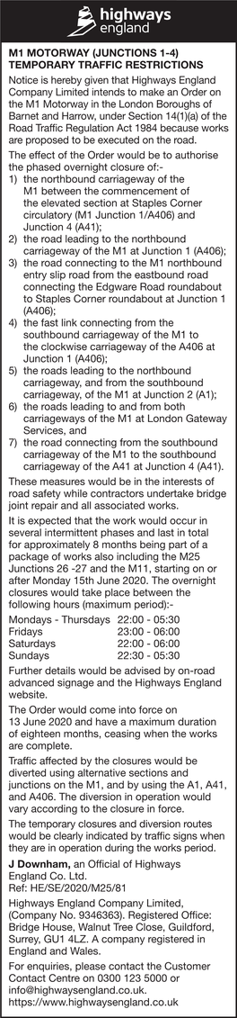 M1 Motorway (Junctions 1-4) Temporary