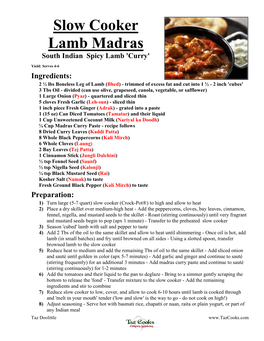 Slow Cooker Lamb Madras South Indian Spicy Lamb 'Curry'