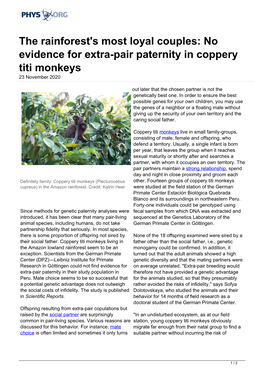 No Evidence for Extra-Pair Paternity in Coppery Titi Monkeys 23 November 2020