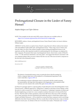 Prolongational Closure in the Lieder of Fanny Hensel *