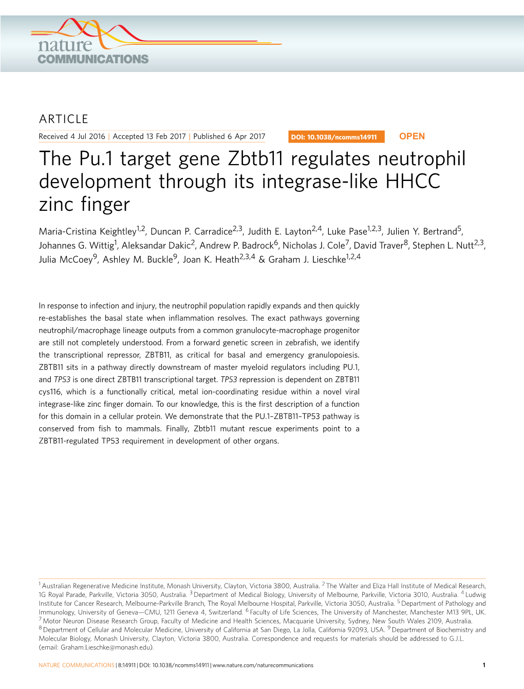 The Pu.1 Target Gene Zbtb11 Regulates Neutrophil Development Through Its Integrase-Like HHCC Zinc ﬁnger