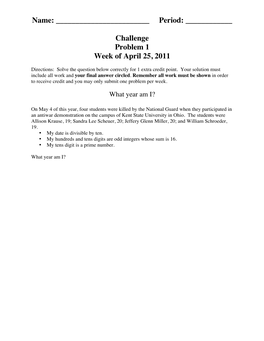Name: Period: ___Challenge Problem 1 Week of April 25, 2011