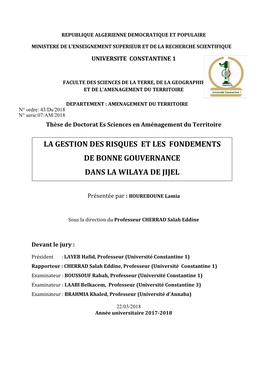 La Gestion Des Risques Et Les Fondements De Bonne Gouvernance Dans La Wilaya De Jijel