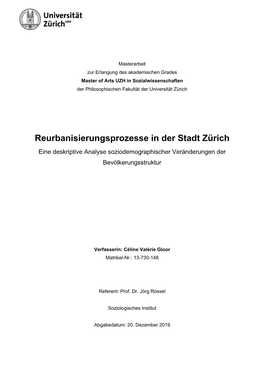 Reurbanisierungsprozesse in Der Stadt Zürich Eine Deskriptive Analyse Soziodemographischer Veränderungen Der Bevölkerungsstruktur