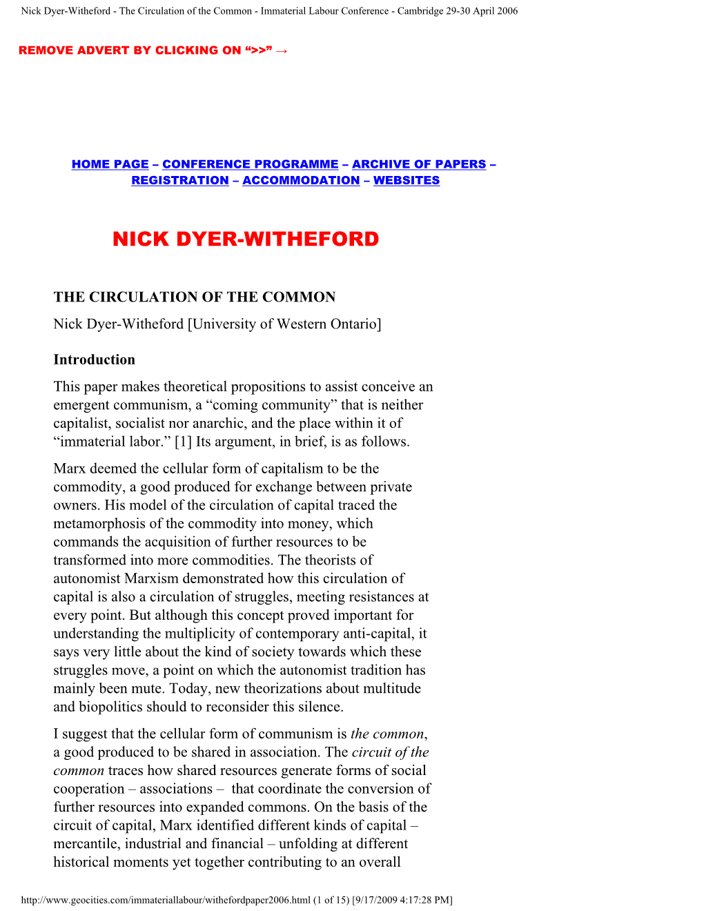Nick Dyer-Witheford - the Circulation of the Common - Immaterial Labour Conference - Cambridge 29-30 April 2006