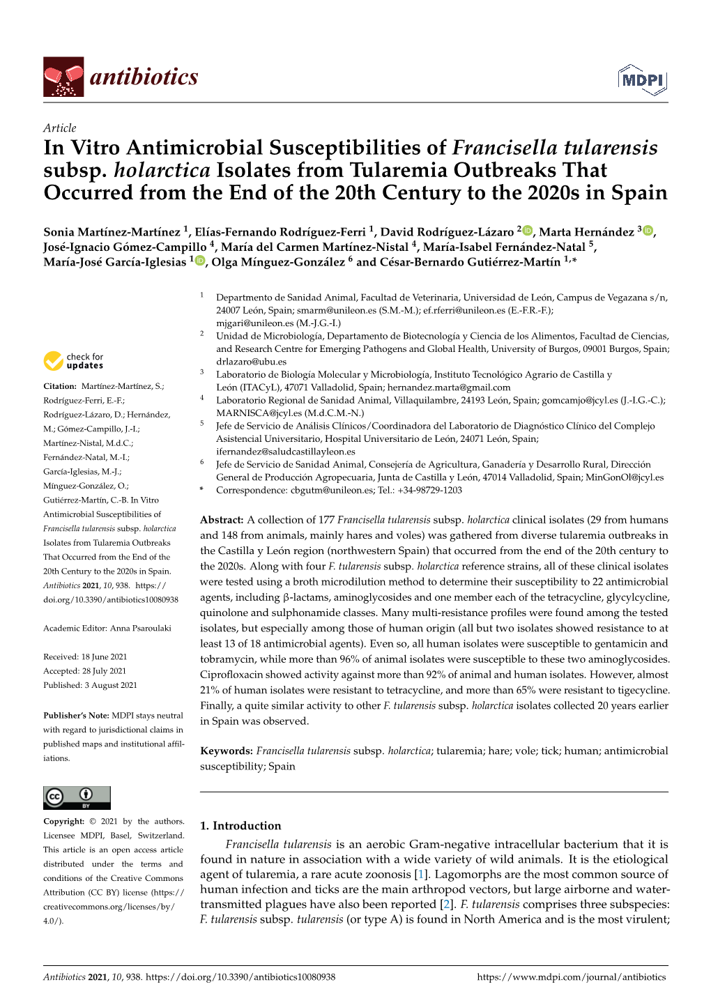 In Vitro Antimicrobial Susceptibilities of Francisella Tularensis Subsp. Holarctica Isolates from Tularemia Outbreaks That Occur