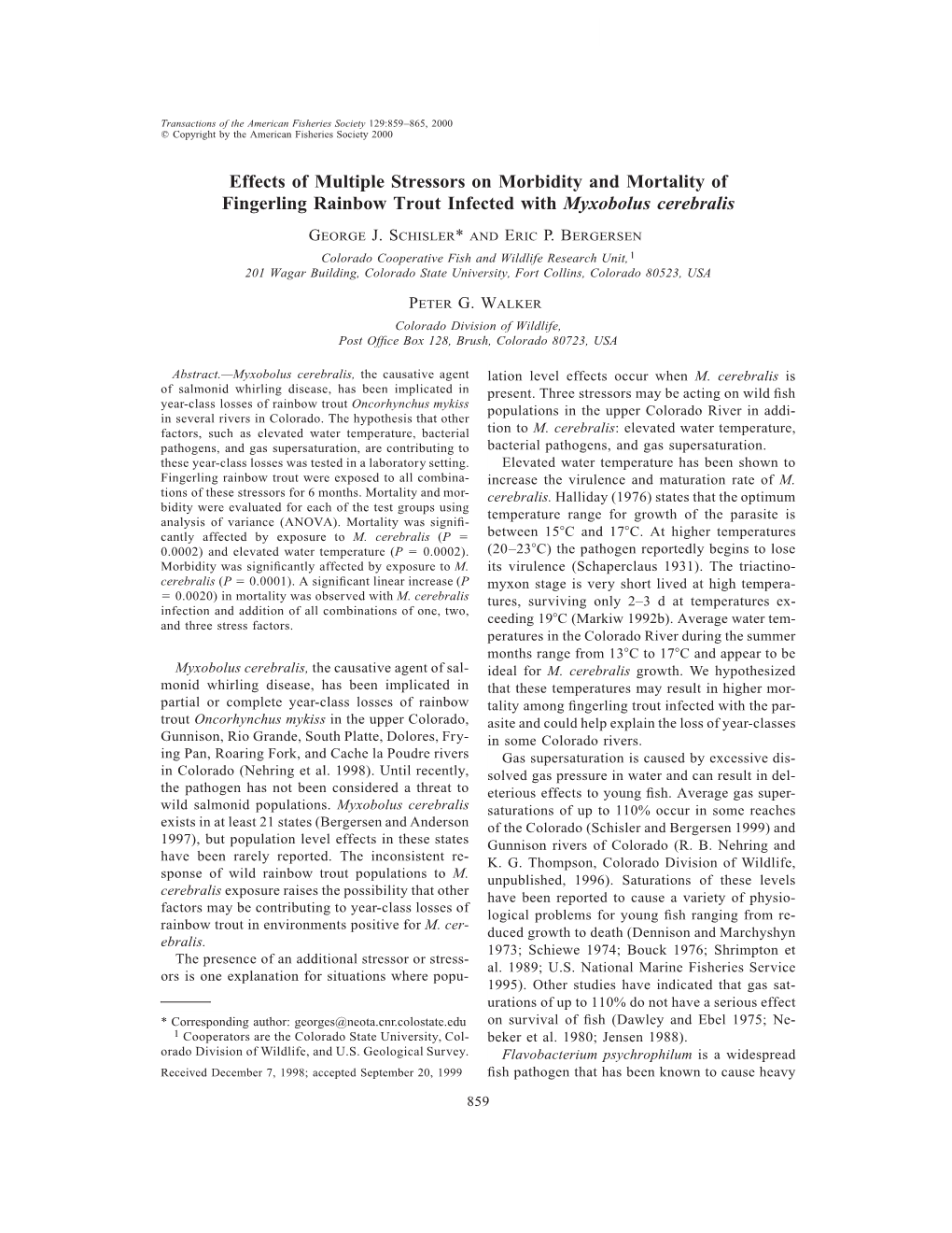 Effects of Multiple Stressors on Morbidity and Mortality of Fingerling Rainbow Trout Infected with Myxobolus Cerebralis