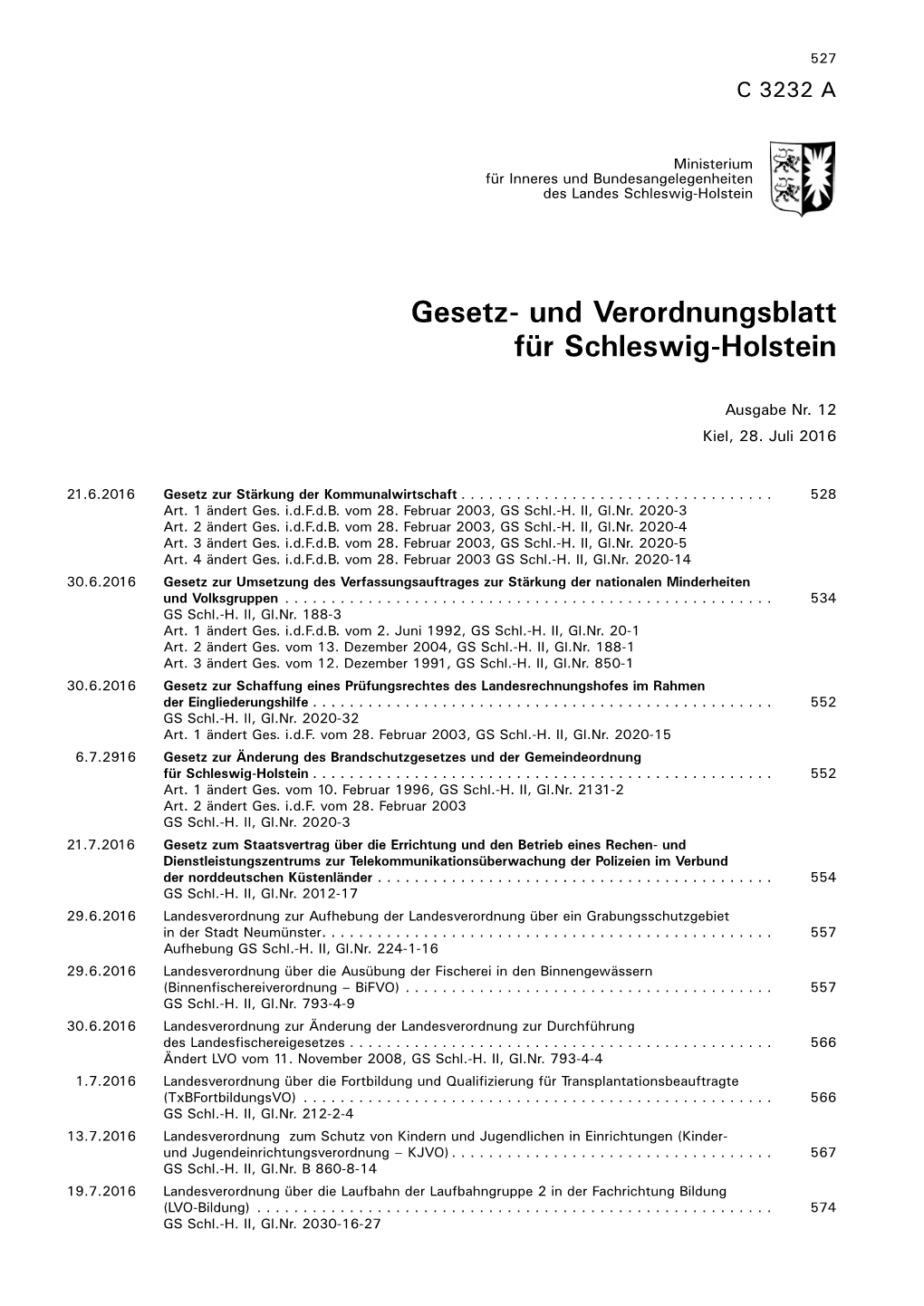 Gesetz- Und Verordnungsblatt Für Schleswig-Holstein