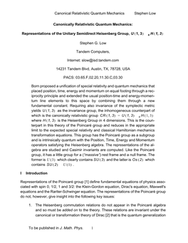 Canonical Relativistic Quantum Mechanics Stephen Low to Be