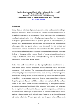 Satellite Television and Public Sphere in Egypt: Is There a Link? Dr