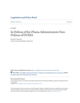In Defense of the Obama Administration's Non-Defense of DOMA," Legislation and Policy Brief: Vol
