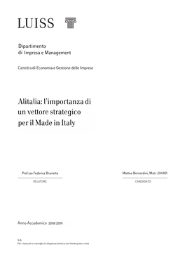 Alitalia: L'importanza Di Un Vettore Strategico Per Il Made in Italy