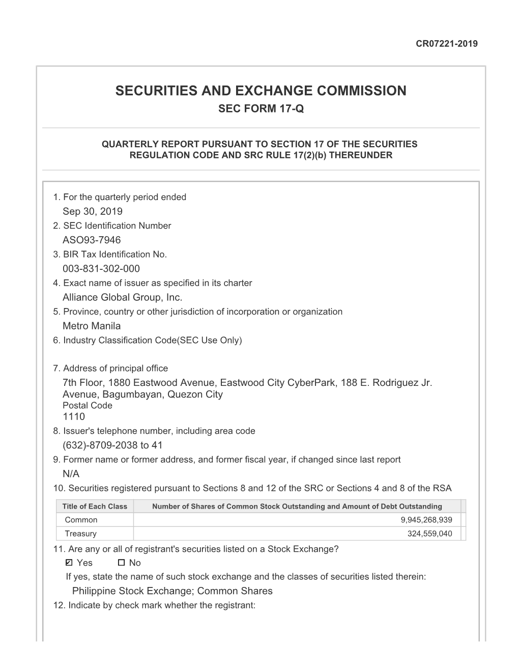 Securities and Exchange Commission Sec Form 17-Q