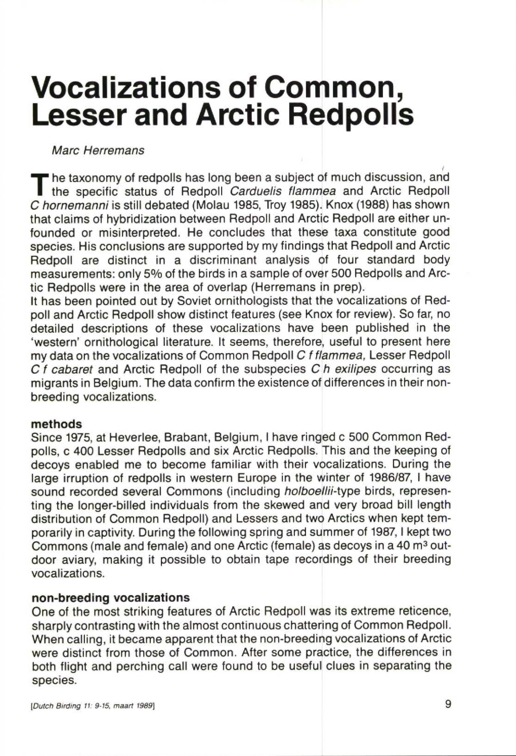 Vocalizations of Common, Lesser and Arctic Redpoll S