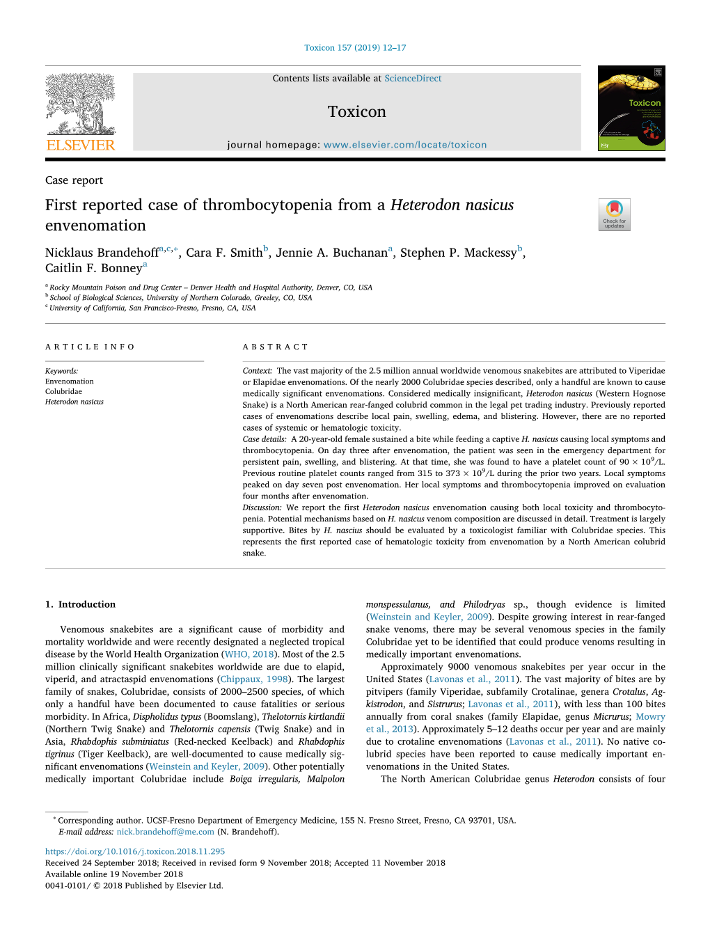 First Reported Case of Thrombocytopenia from a Heterodon Nasicus Envenomation T