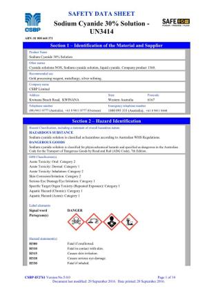 Sodium Cyanide 30% Solution - UN3414 ABN: 81 008 668 371 Section 1 – Identification of the Material and Supplier