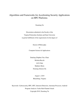 Algorithms and Frameworks for Accelerating Security Applications on HPC Platforms