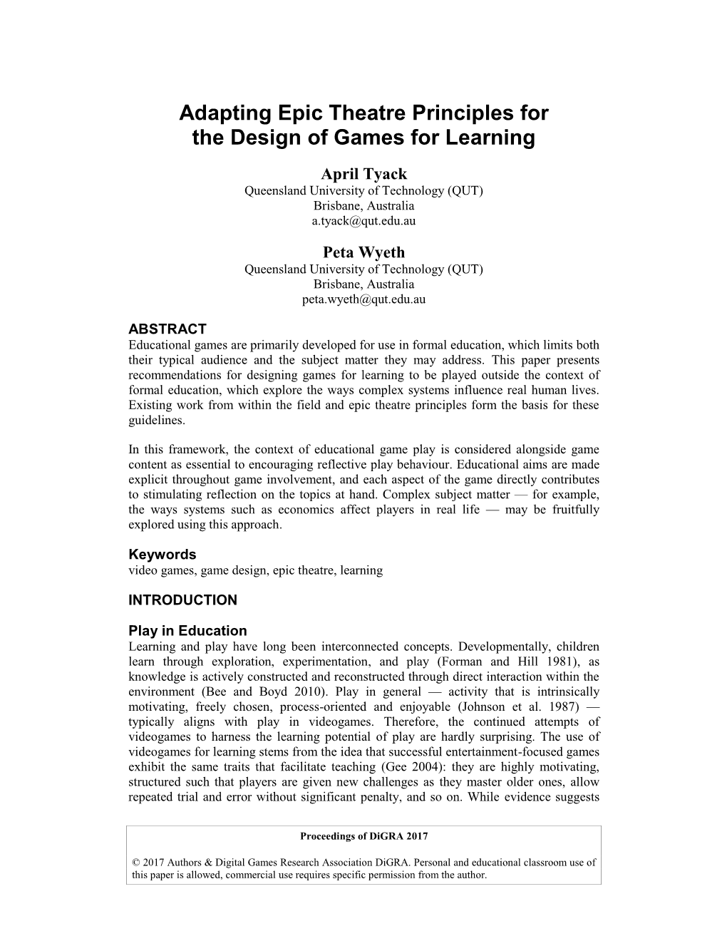 Adapting Epic Theatre Principles for the Design of Games for Learning