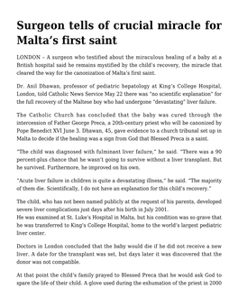 Surgeon Tells of Crucial Miracle for Malta's First Saint