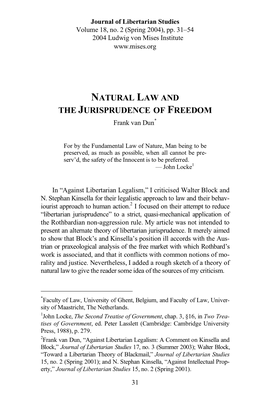 NATURAL LAW and the JURISPRUDENCE of FREEDOM Frank Van Dun*