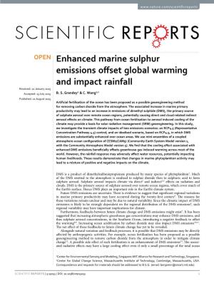 Enhanced Marine Sulphur Emissions Offset Global Warming and Impact Rainfall Received: 22 January 2015 1 1,2 Accepted: 13 July 2015 B
