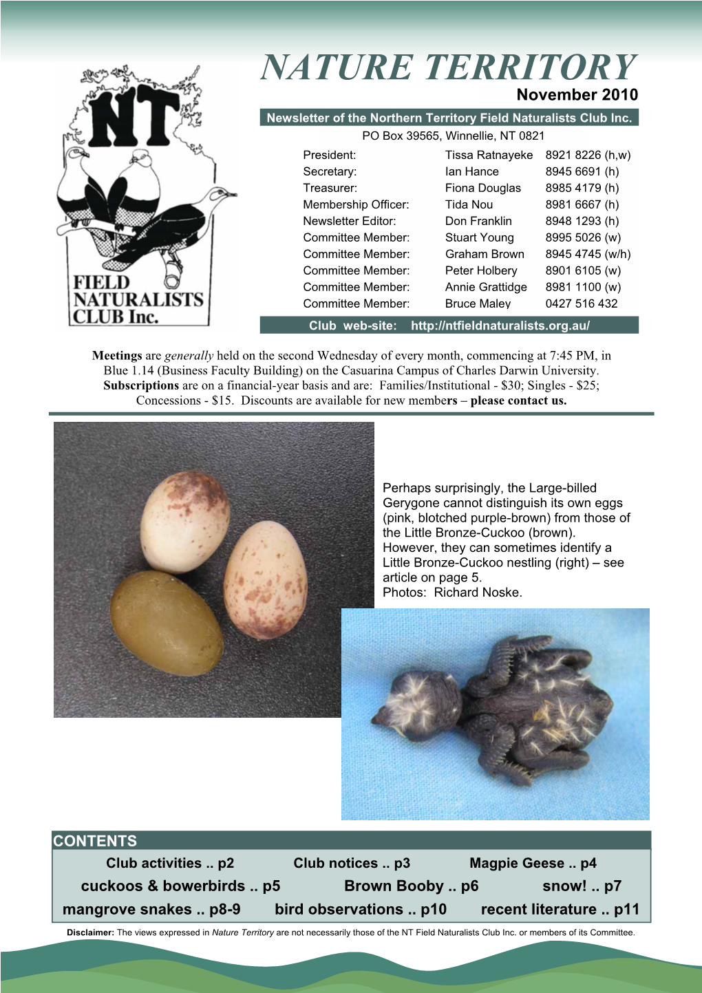 November 2010 Newsletter of the Northern Territory Field Naturalists Club Inc