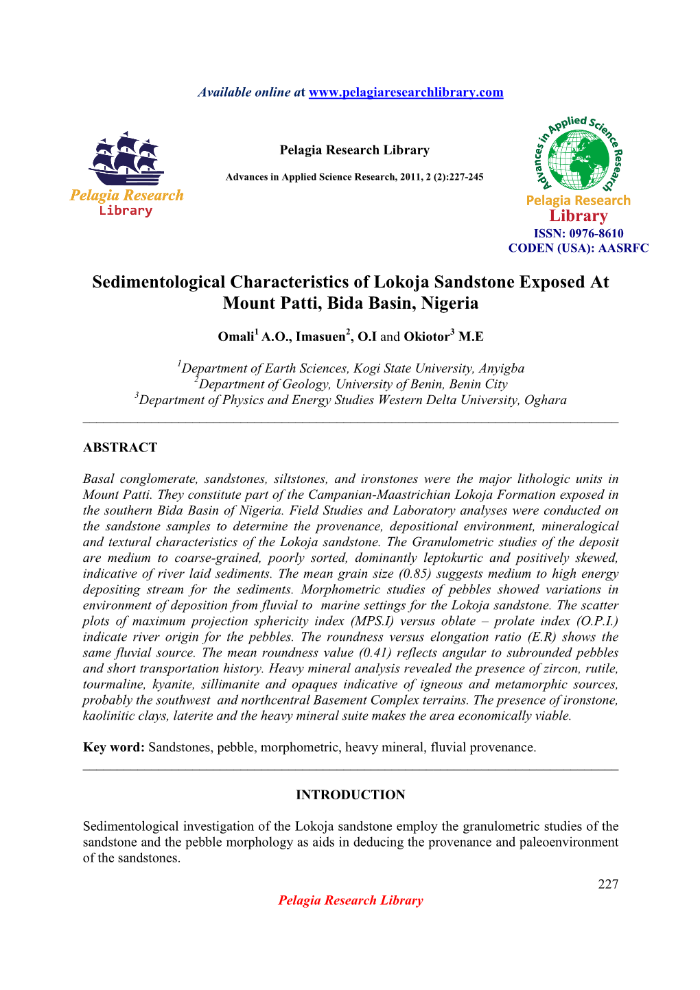 Sedimentological Characteristics of Lokoja Sandstone Exposed at Mount Patti, Bida Basin, Nigeria