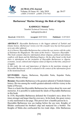 Barbarossa' Marine Strategy the Role of Algeria