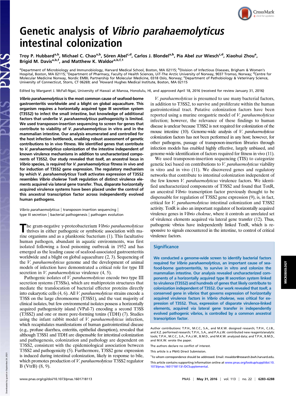 Genetic Analysis of Vibrio Parahaemolyticus Intestinal Colonization