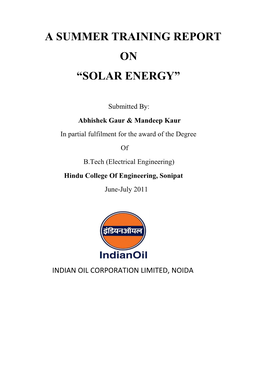 A Summer Training Report on “Solar Energy”