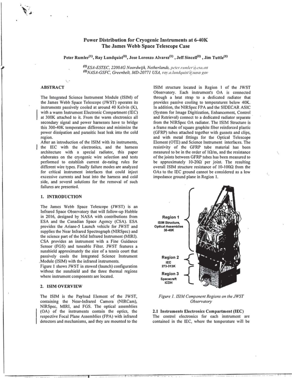 Power Distribution for Cryogenic Instruments at 6-40K the James Webb Space Telescope Case