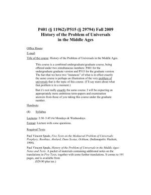 P515 (§ 29794) Fall 2009 History of the Problem of Universals in the Middle Ages