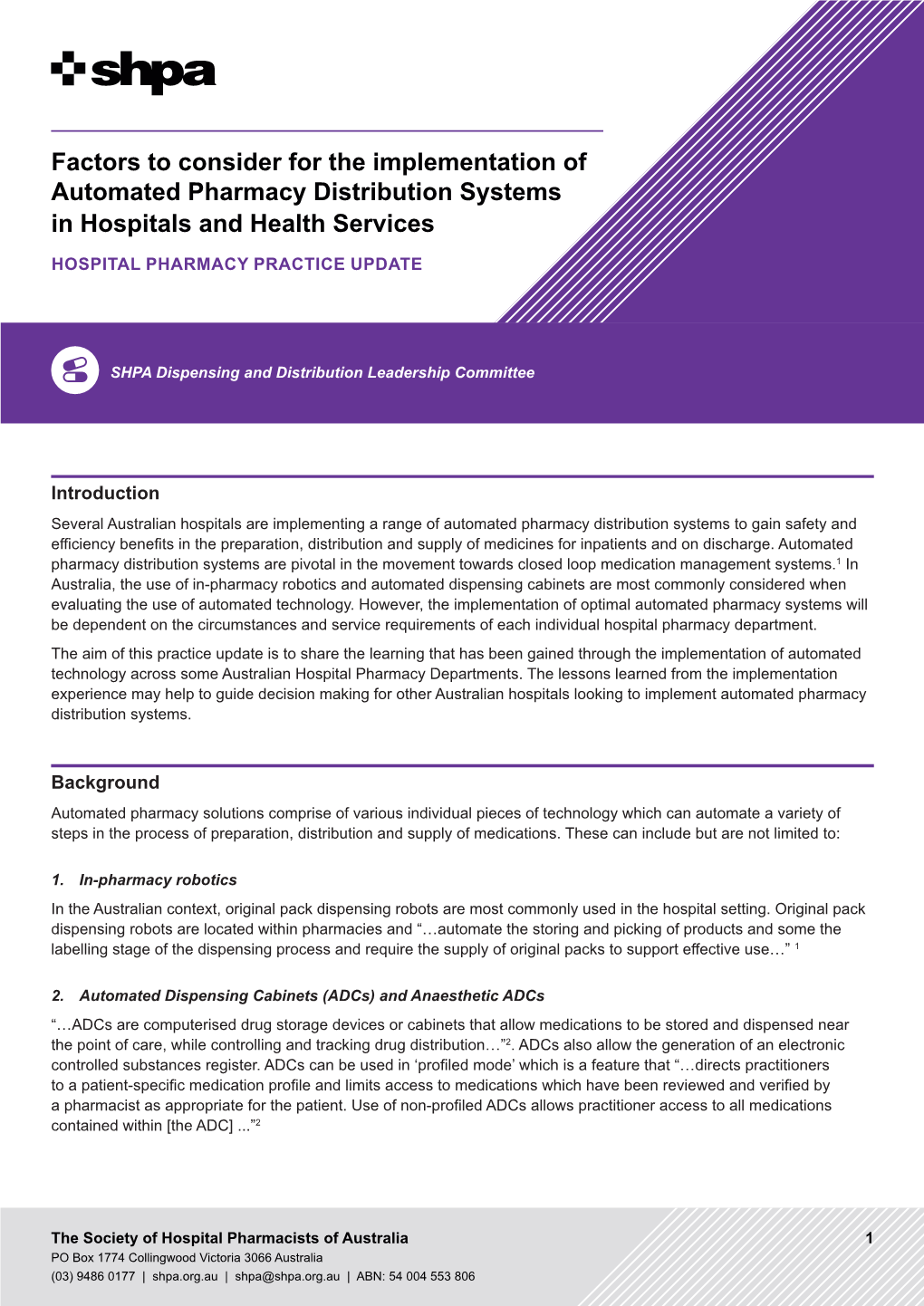 Factors to Consider for the Implementation of Automated Pharmacy Distribution Systems in Hospitals and Health Services