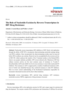 The Role of Nucleotide Excision by Reverse Transcriptase in HIV Drug Resistance