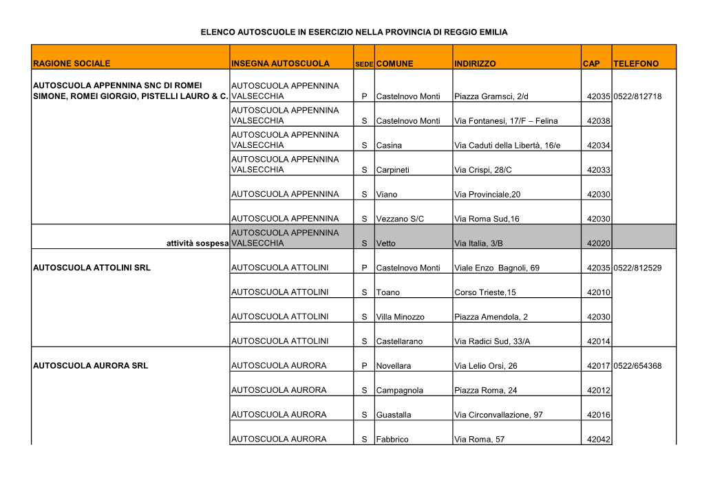 Elenco Autoscuole in Esercizio Nella Provincia Di Reggio Emilia
