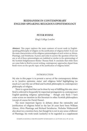 Reidianism in Contemporary English-Speaking Religious Epistemology