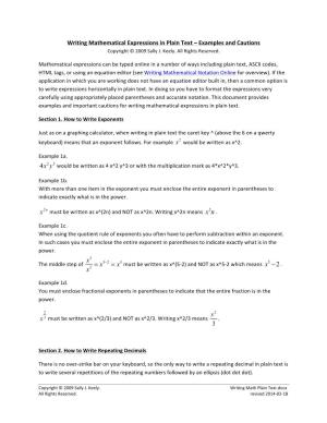 Writing Mathematical Expressions in Plain Text – Examples and Cautions Copyright © 2009 Sally J