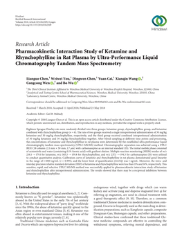 Research Article Pharmacokinetic Interaction Study of Ketamine and Rhynchophylline in Rat Plasma by Ultra-Performance Liquid Chromatography Tandem Mass Spectrometry