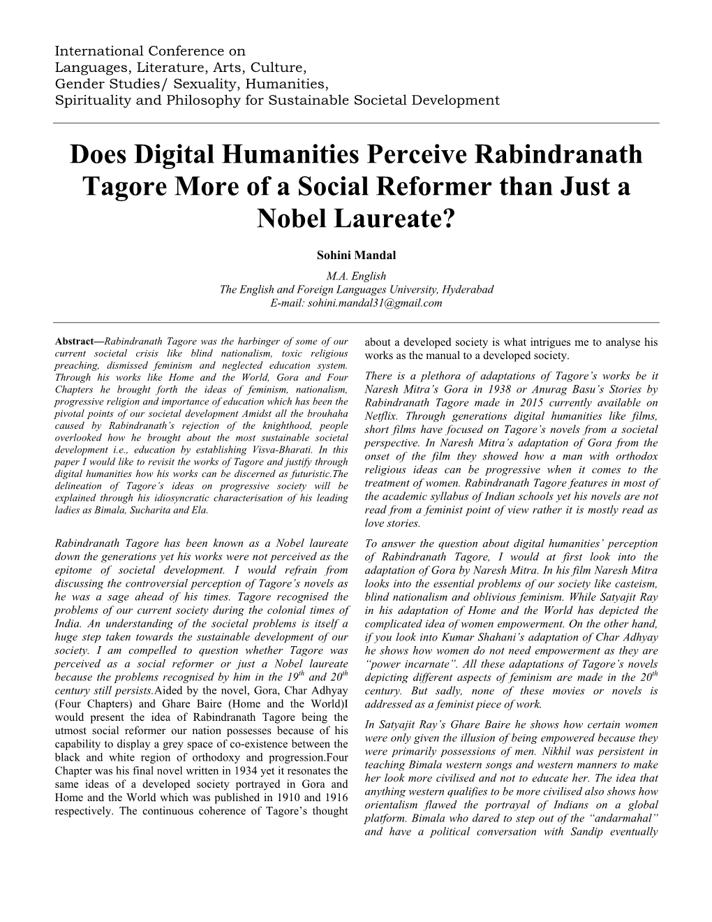 Does Digital Humanities Perceive Rabindranath Tagore More of a Social Reformer Than Just a Nobel Laureate?