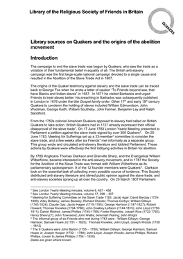 Library of the Religious Society of Friends in Britain Library Sources on Quakers and the Origins of the Abolition Movement Intr