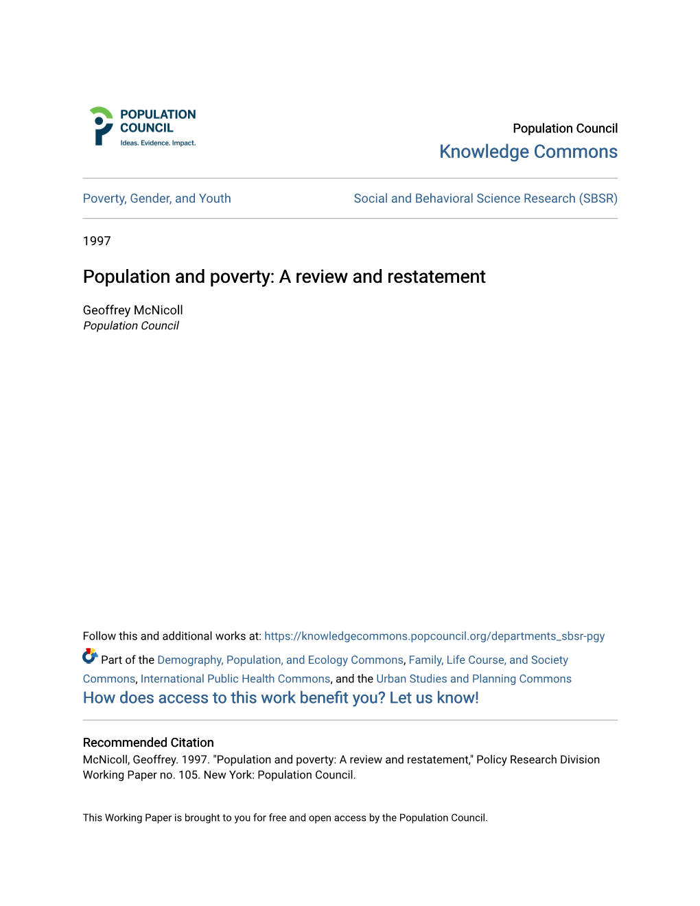 Population and Poverty: a Review and Restatement
