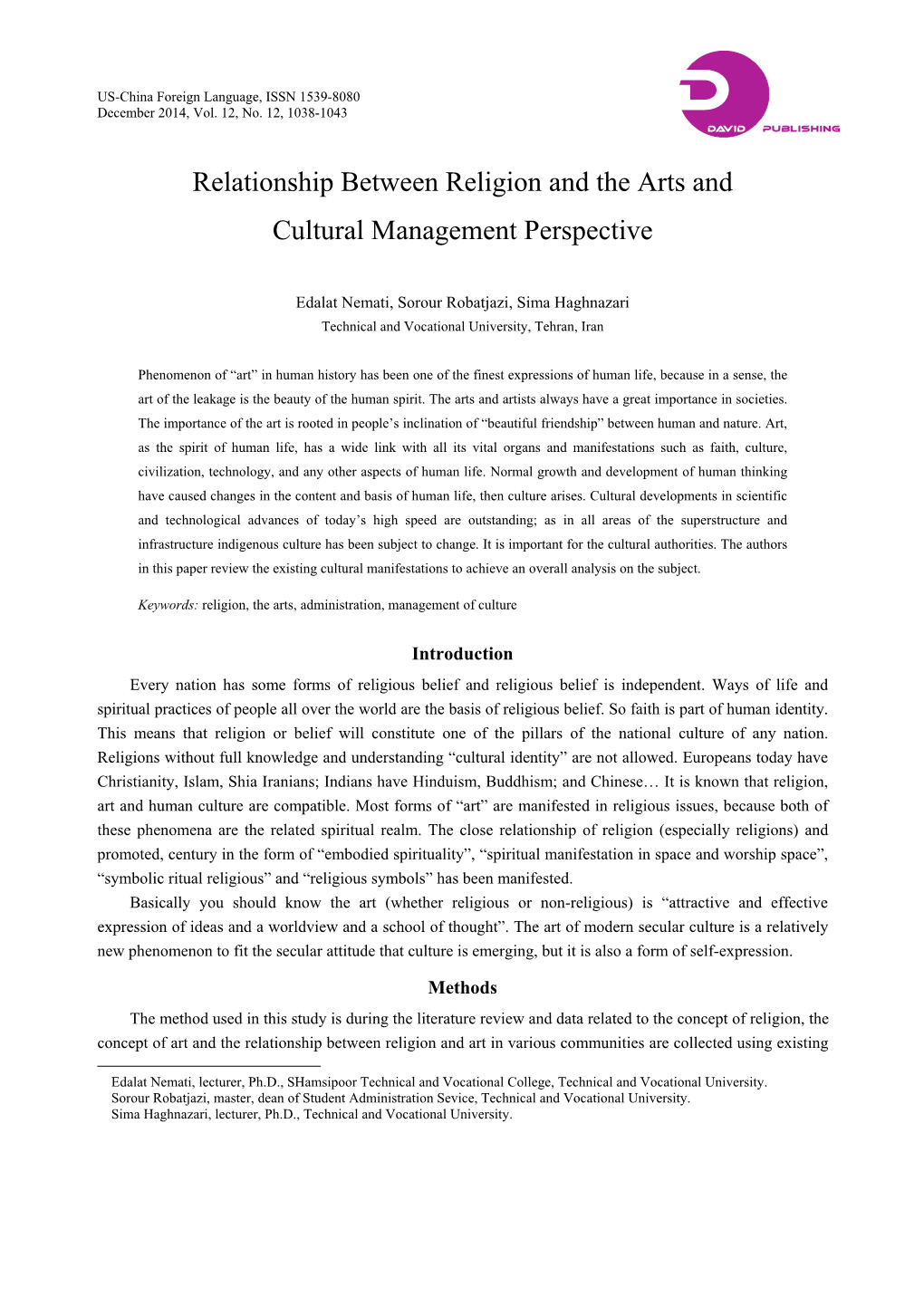 Relationship Between Religion and the Arts and Cultural Management Perspective