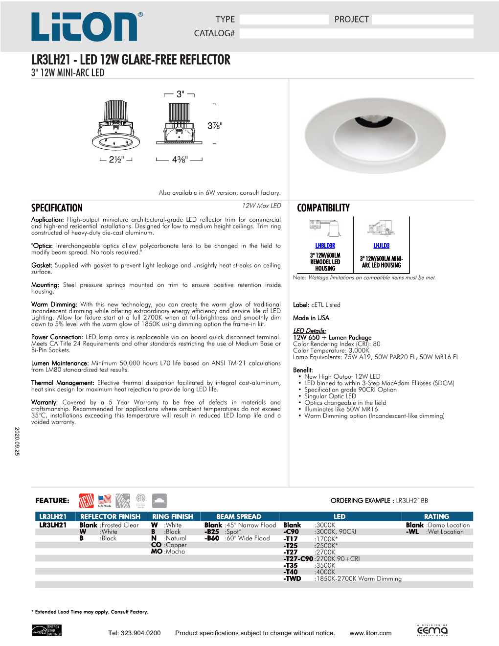 Lr3lh21 - Led 12W Glare-Free Reflector 3" 12W Mini-Arc Led