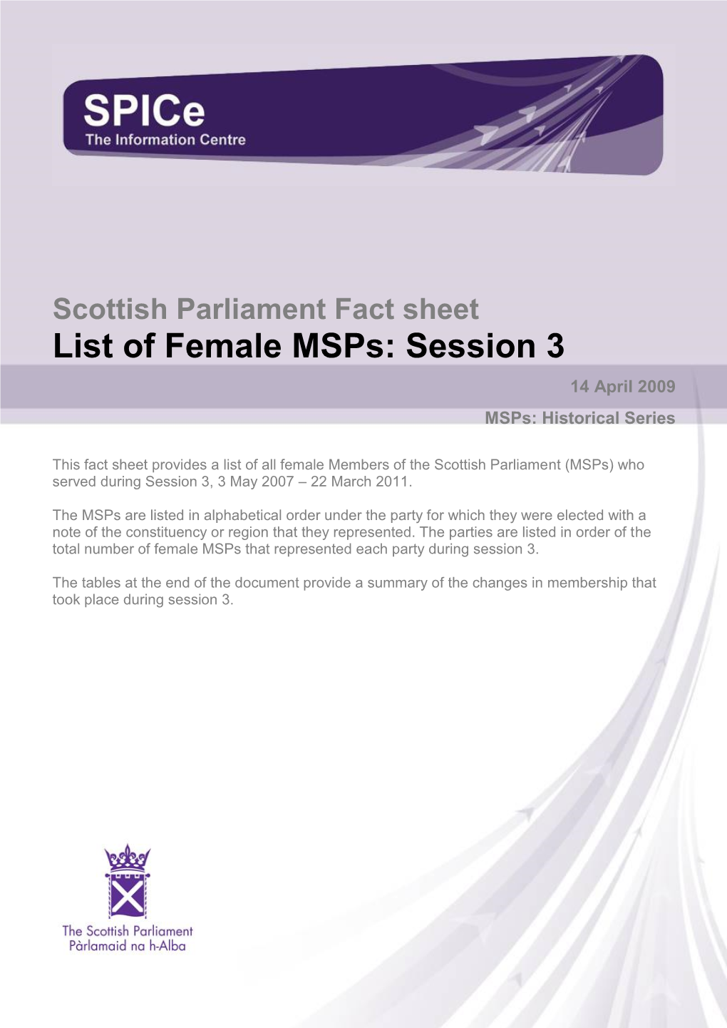 Female Msps: Session 3 14 April 2009 Msps: Historical Series