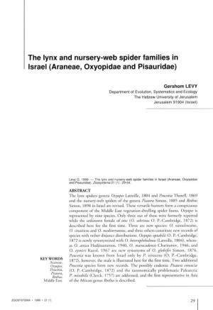 The Lynx and Nursery-Web Spider Families in Israël (Araneae, Oxyopidae and Pisauridae)