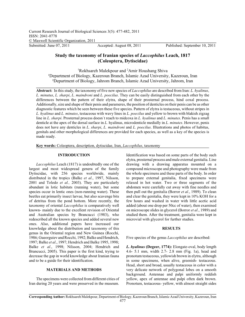 Study the Taxonomy of Iranian Species of Laccophilus Leach, 1817 (Coleoptera, Dytiscidae)