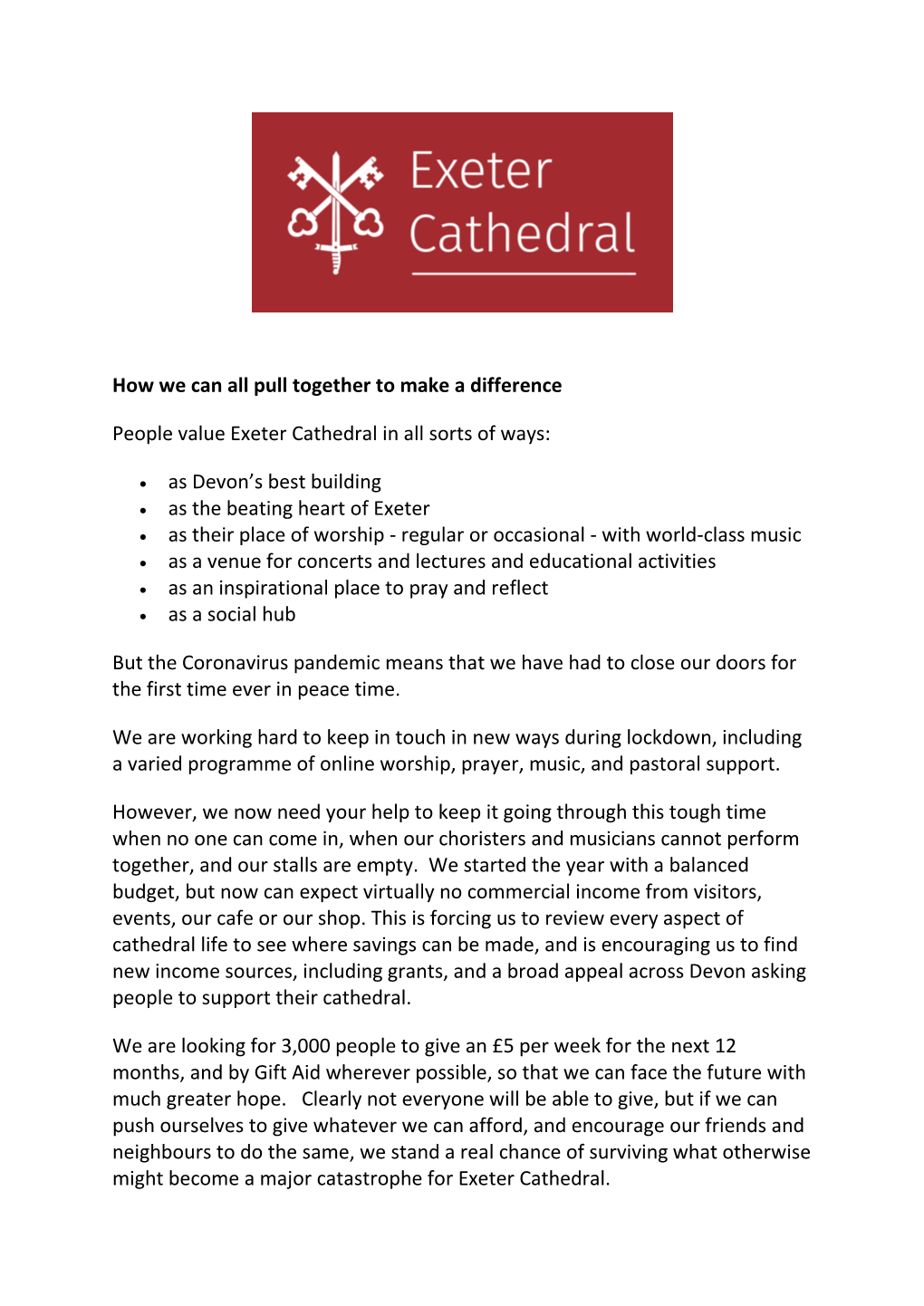 Letter from Exeter Cathedral Dean May 2020